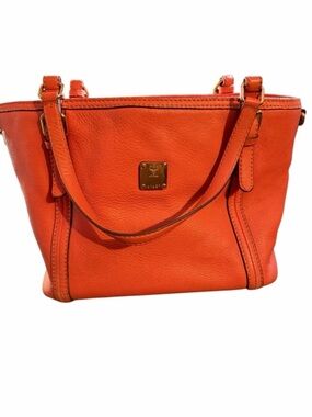 MCM Orange Leather Tote Bag with Gold Plaque